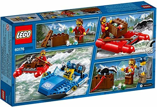 Lego set met politieboot en rubberboot op bergachtige rivier