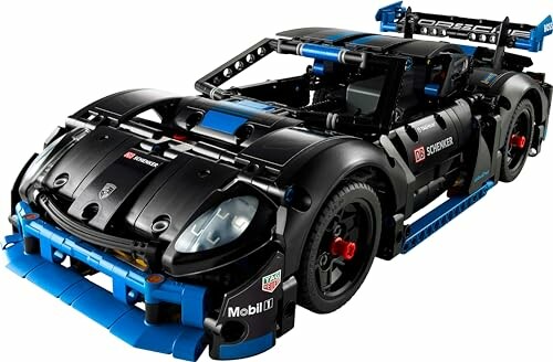 Zwarte en blauwe LEGO Technic raceauto