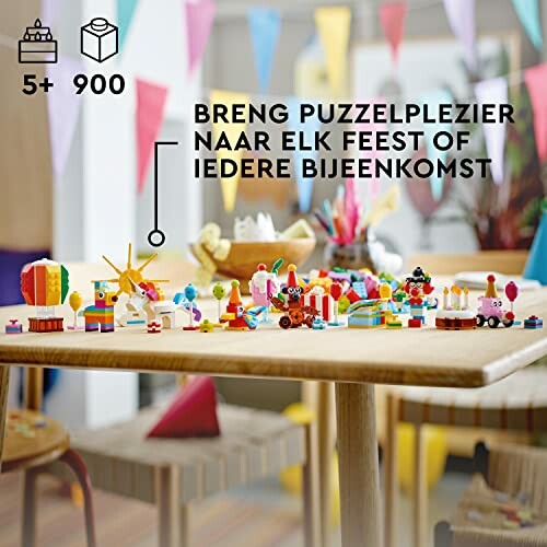 Kleurrijke LEGO sets op tafel met feestelijke achtergrond