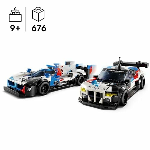 Twee LEGO raceauto's met kleurrijke ontwerpen