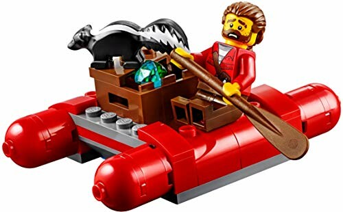 Lego-figuur op een rode opblaasbare boot met peddel en accessoires