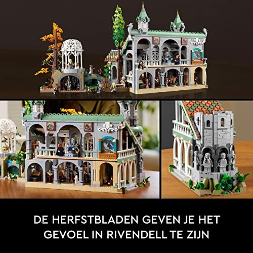 Lego bouwset van Rivendell met herfstbladeren en gedetailleerde gebouwen.