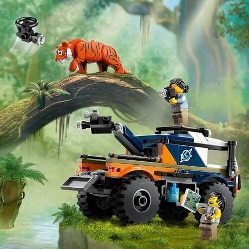 LEGO-figuren op safari met tijger en voertuig in jungle