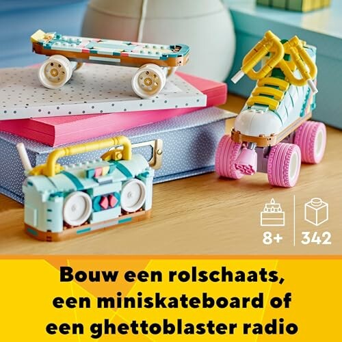 Lego-set met rolschaats, miniskateboard en ghettoblaster radio