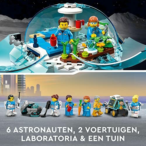 Lego astronauten en voertuigen op de maan met een laboratorium en tuin.