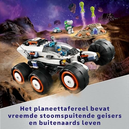 Lego voertuig en buitenaardse wezens op planeetlandschap