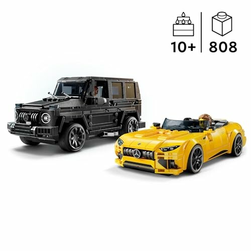 Twee LEGO-auto's, een zwarte SUV en een gele sportwagen.