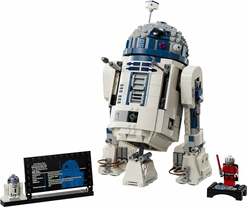 LEGO Star Wars R2-D2 model met informatiebord en minifiguur.