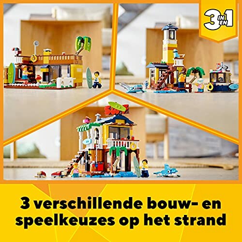 Drie verschillende LEGO strandbouwsets in één afbeelding