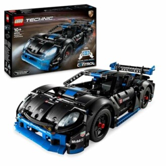 Lego Technic Porsche modelauto met doos op de achtergrond.