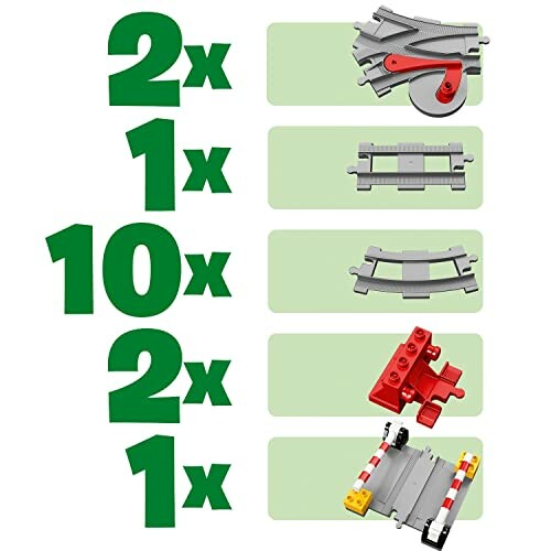 Verschillende soorten LEGO treinspooronderdelen met hoeveelheden.