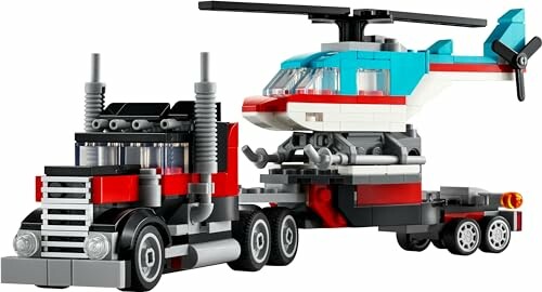 Lego vrachtwagen met helikopter op aanhanger