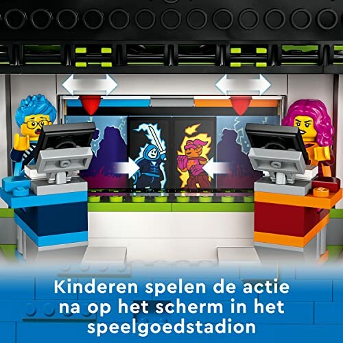 Lego figuren spelen videospel in een speelhal