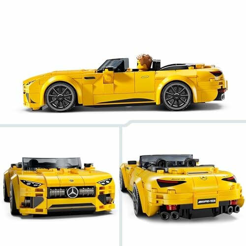 Geel LEGO auto model van meerdere hoeken