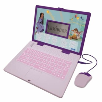 Roze kinder laptop met muis en educatief scherm