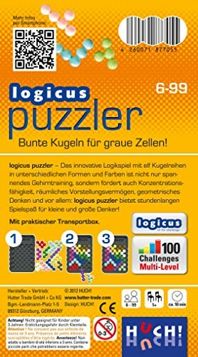 Achterkant van doos van Logicus Puzzler spel met kleurrijke kralen en uitdagingen.