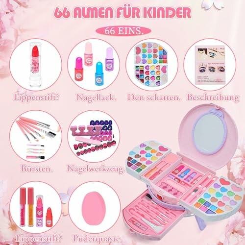 Make-up set voor kinderen met lippenstift, nagellak en borstels.