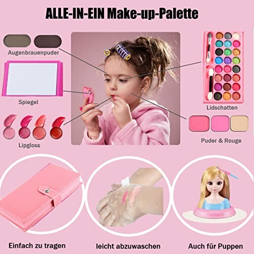 Meisje speelt met make-up palet, inclusief borstels en kleuren.