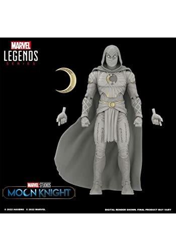 Actiefiguur van Moon Knight met halve maan op achtergrond.