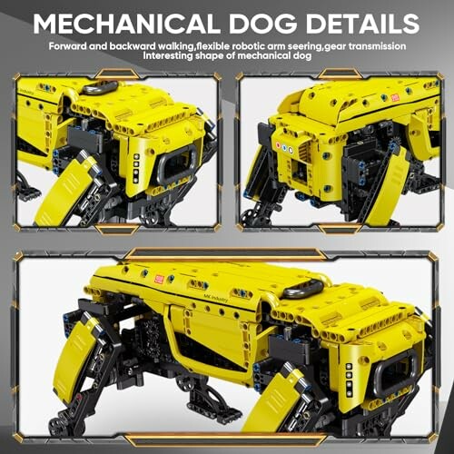 Mechanische hond met flexibele robotarm en tandwieloverbrenging.