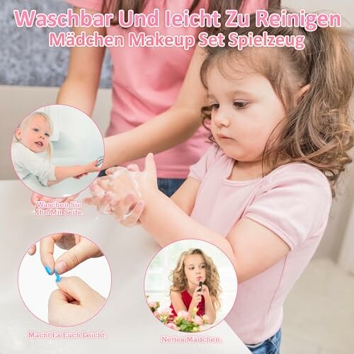 Meisje wast handen met speelgoed make-up set