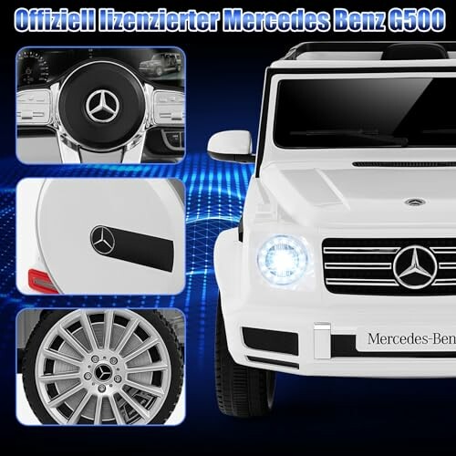 Witte Mercedes Benz G500 met stuur, wiel en logo details.