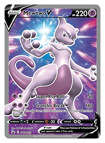 Mewtwo V Pokémon kaart met paarse achtergrond en aanvalstatistieken