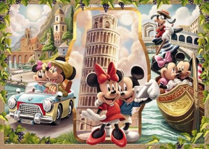 Mickey en Minnie verkennen Italië met beroemde bezienswaardigheden op de achtergrond.