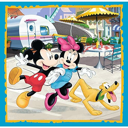 Mickey en Minnie Mouse spelen met Pluto in een vrolijke cartoonomgeving.