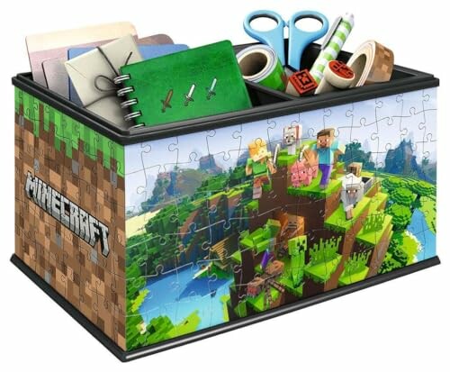 Opbergdoos met Minecraft puzzelontwerp en knutselbenodigdheden.