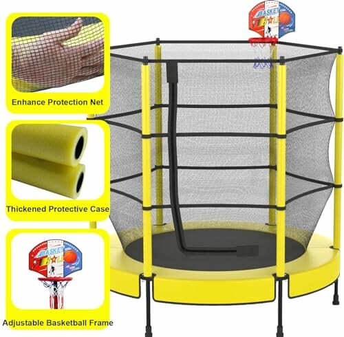 Mini trampoline met veiligheidsnet en basketbalring.