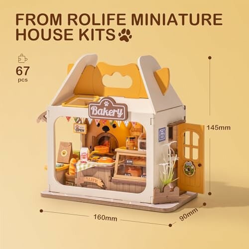 Miniatuur bakkerij huis kit met afmetingen en details.