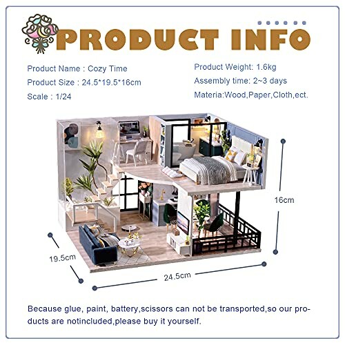 Miniatuur poppenhuis kit met afmetingen en productinformatie.