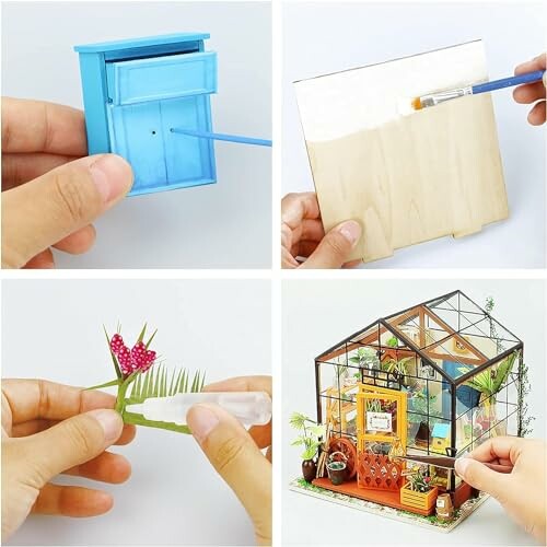 Bouwproces van miniatuurkas met houten onderdelen en accessoires