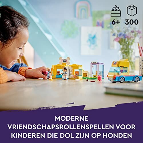 Kinderen spelen met moderne rollenspellen en hondenthema.