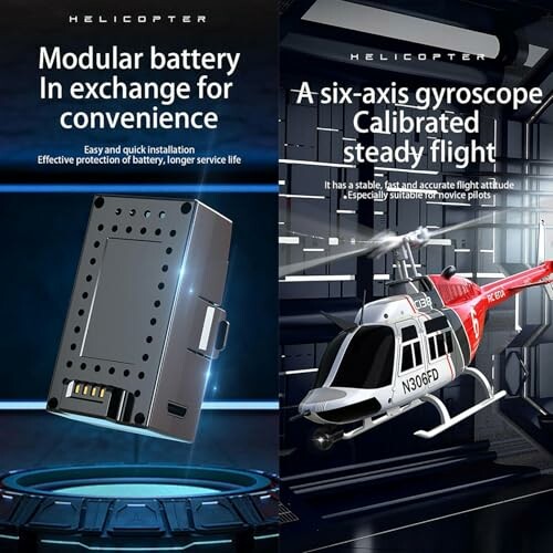 Modulaire batterij en gyroscoop voor helikopter.