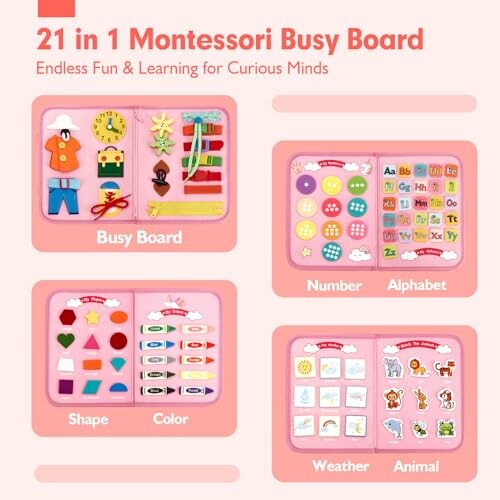 Montessori busy board voor kinderen met vormen, kleuren, cijfers, alfabet, weer en dieren.