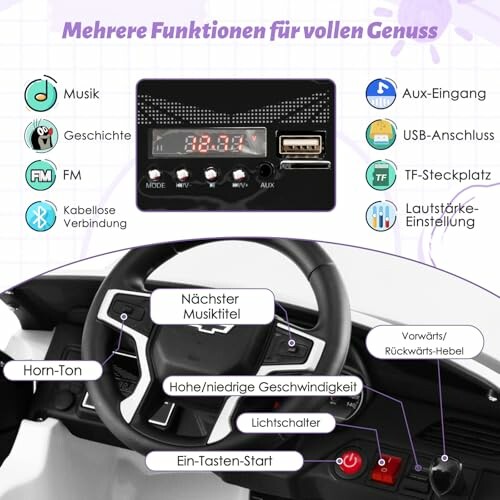 Dashboard van multifunctionele auto met diverse functies in het Duits beschreven.