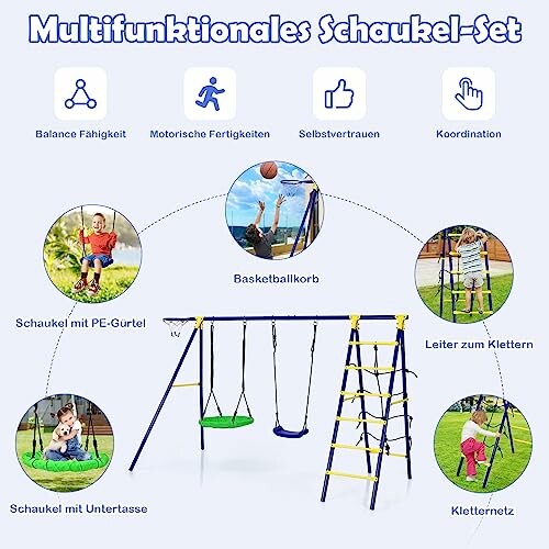 Multifunctioneel schommelset voor kinderen met basketbal en klimnet.