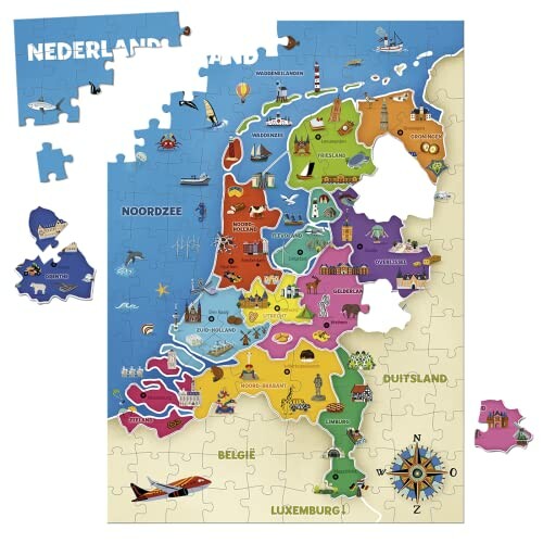 Puzzelkaart van Nederland met provincies en iconen.