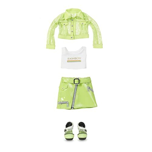 Neon groene poppenoutfit met jas, top, rok en schoenen