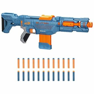 Nerf geweer met schuimdarts in blauw en oranje.