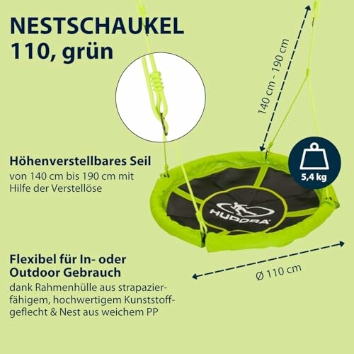 Groene nestschommel met verstelbaar touw en flexibele toepassingen.