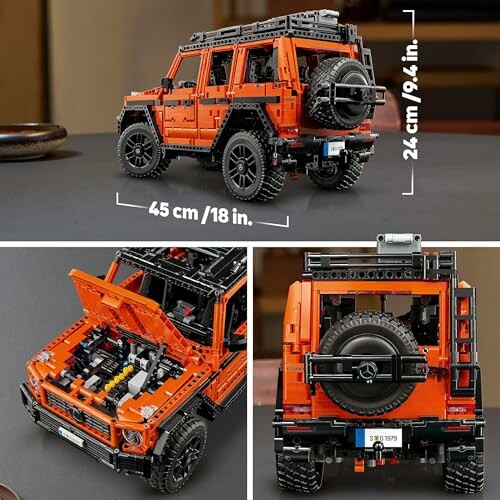 Oranje LEGO SUV-model met afmetingen