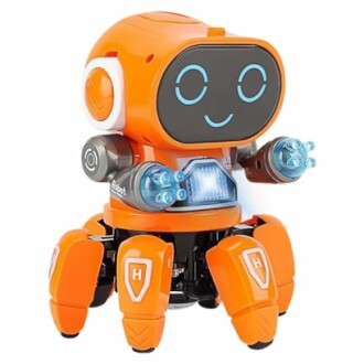 Oranje speelgoedrobot met glimlachend gezicht en zes poten.