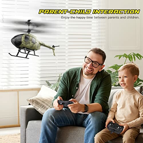 Vader en zoon spelen met speelgoedhelikopter