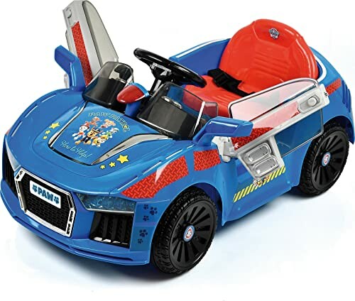 Blauwe kinderauto met rode stoel en Paw Patrol-ontwerp