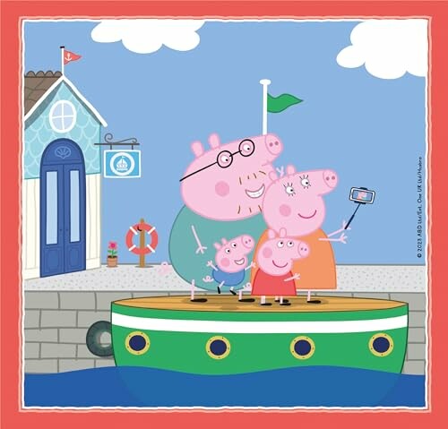 Peppa Pig en familie op een boot met selfie