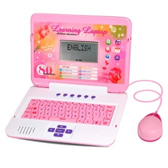 Roze kinderlaptop met muis en scherm waarop 'ENGLISH' staat