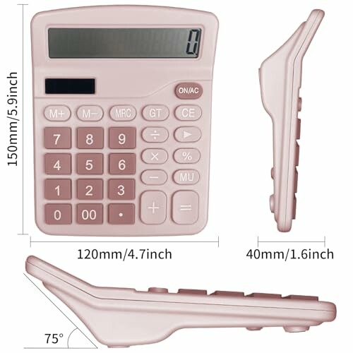 Roze bureaucalculator met zijaanzicht en afmetingen